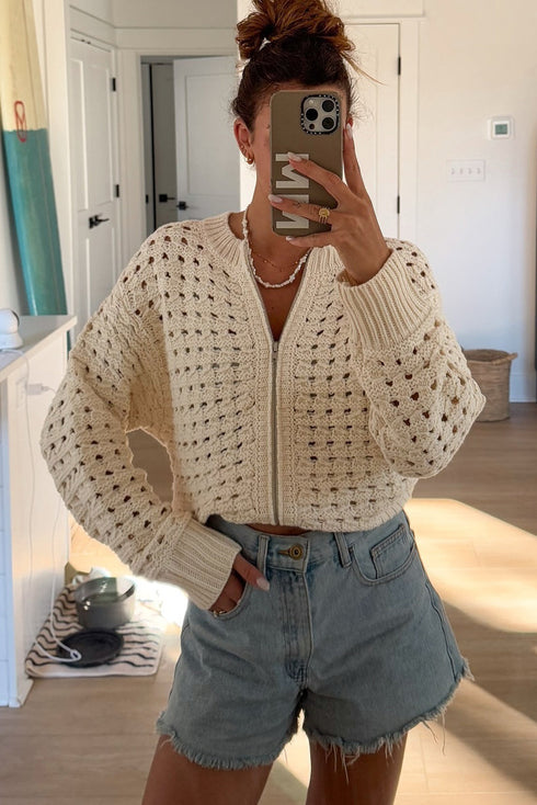 Pointelle Hollow Knit Zip Front Drop Shoulder Cardigan